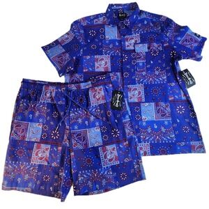 SNOOP DOGG SUPPLY Casual Shirt Shorts Set Mens XXL Blue Bandana NEW